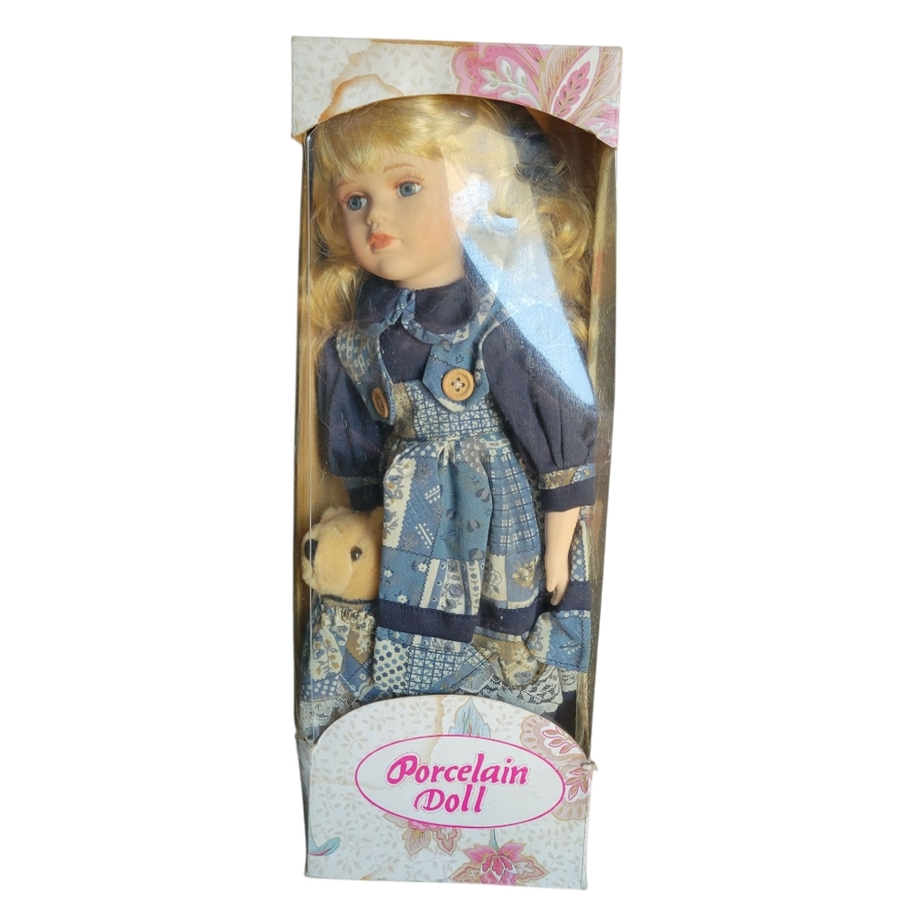 Vintage Porcelain Doll with Blue Dress and Bear